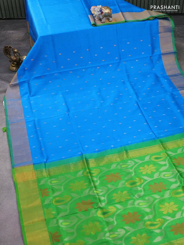Pure uppada silk saree cs blue and light green with silver & gold zari woven buttas and zari woven border
