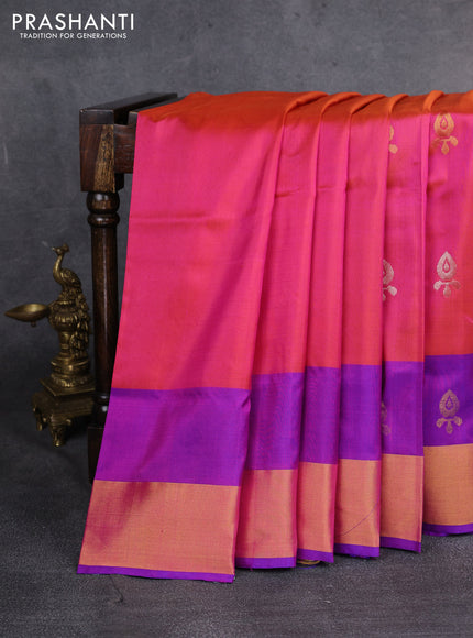Pure uppada silk saree dual shade of pinkish orange and blue with silver & gold zari woven buttas and zari woven border