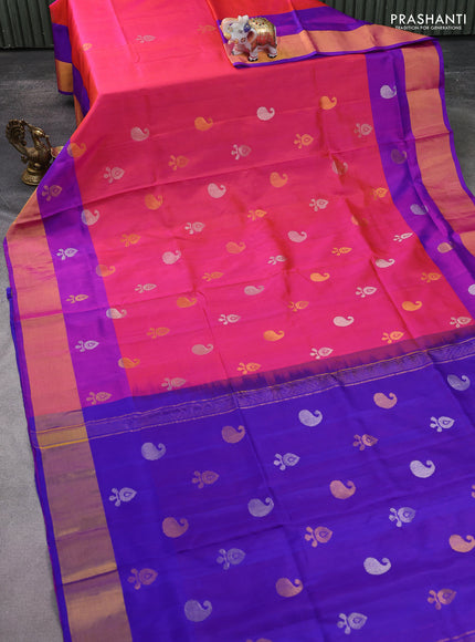 Pure uppada silk saree dual shade of pinkish orange and blue with silver & gold zari woven buttas and zari woven border