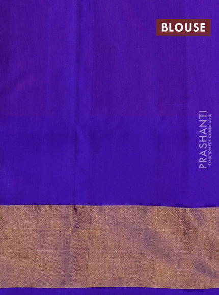 Pure uppada silk saree dual shade of pinkish orange and blue with silver & gold zari woven buttas and zari woven border
