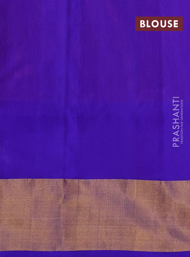 Pure uppada silk saree dual shade of pinkish orange and blue with silver & gold zari woven buttas and zari woven border