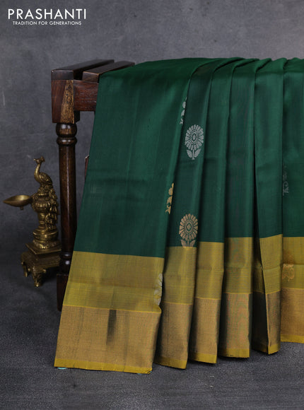 Pure uppada silk saree green shade and yellow with silver & gold zari woven buttas and zari woven border