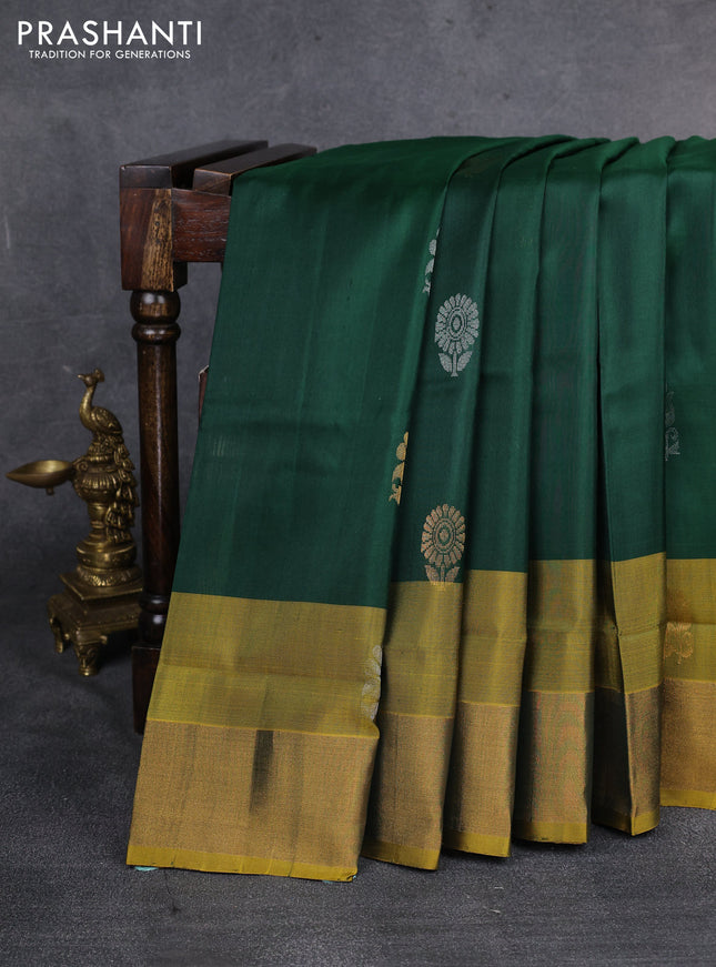 Pure uppada silk saree green shade and yellow with silver & gold zari woven buttas and zari woven border