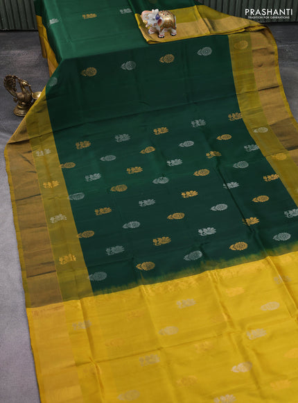 Pure uppada silk saree green shade and yellow with silver & gold zari woven buttas and zari woven border