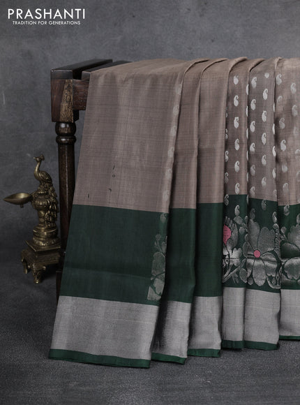 Pure uppada silk saree brown shade and green with allover silver zari woven paisley buttas and rich silver zari woven border