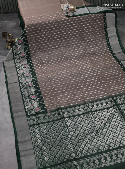 Pure uppada silk saree brown shade and green with allover silver zari woven paisley buttas and rich silver zari woven border