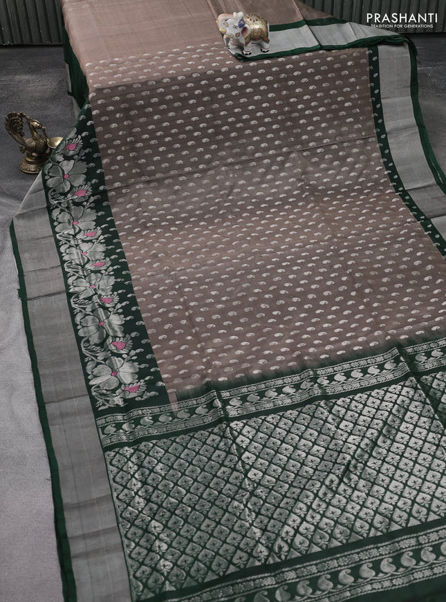 Pure uppada silk saree brown shade and green with allover silver zari woven paisley buttas and rich silver zari woven border