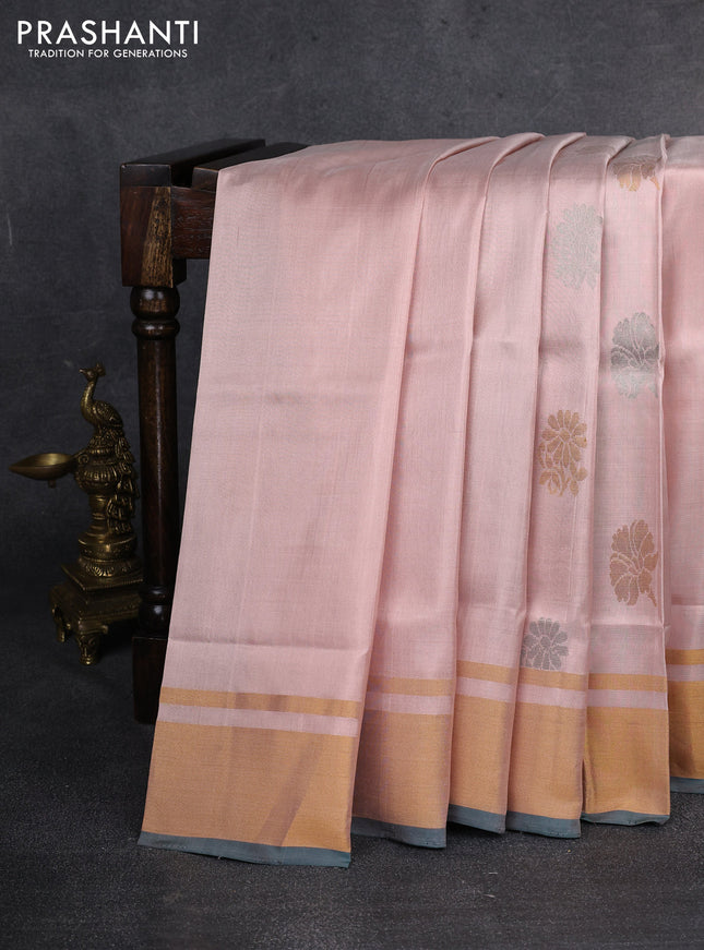 Pure uppada silk saree pastel peach and peacock green with silver & gold zari woven buttas and zari woven border