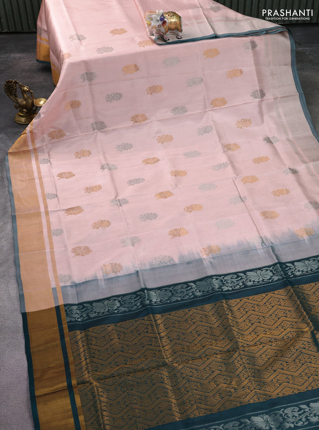Pure uppada silk saree pastel peach and peacock green with silver & gold zari woven buttas and zari woven border