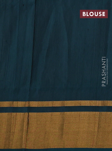 Pure uppada silk saree pastel peach and peacock green with silver & gold zari woven buttas and zari woven border