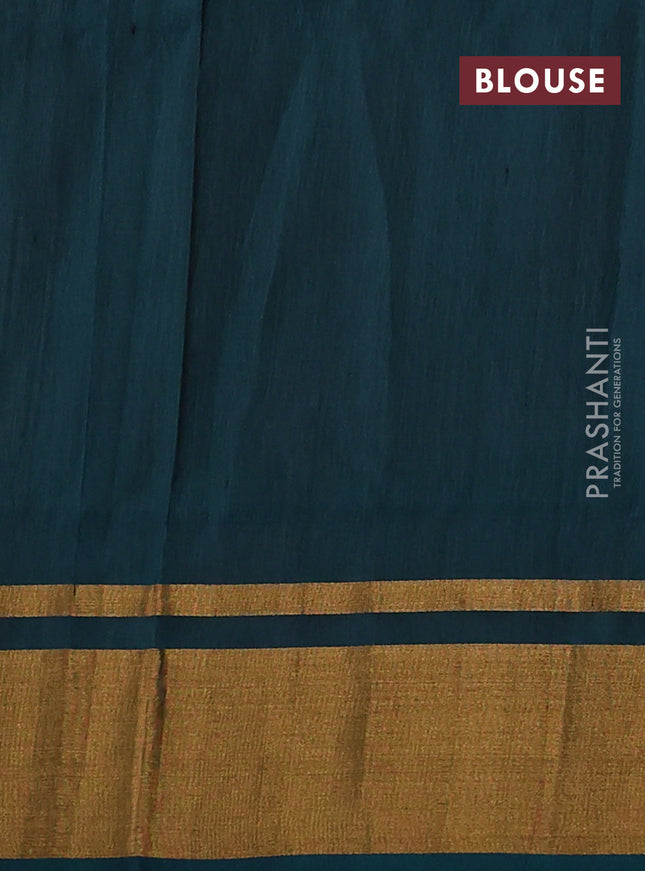 Pure uppada silk saree pastel peach and peacock green with silver & gold zari woven buttas and zari woven border