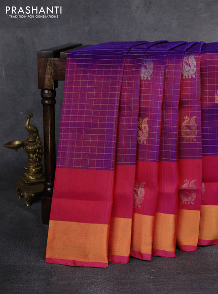 Pure uppada silk saree dual shade of purple and pink with allover zari checks & buttas and zari woven border