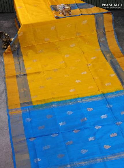 Pure uppada silk saree yellow and cs blue with silver & gold zari woven buttas and zari woven border