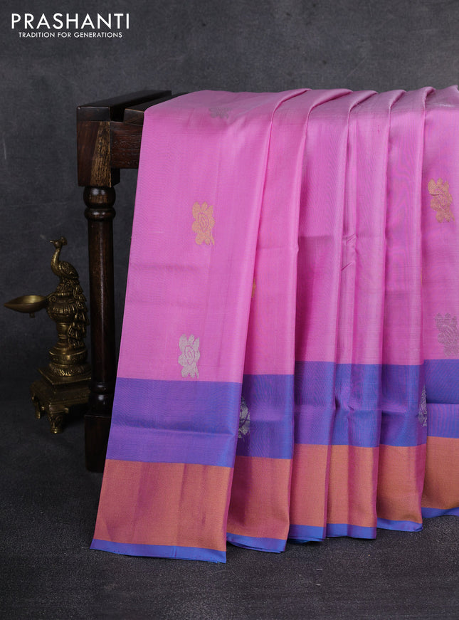 Pure uppada silk saree light pink and cs blue with silver & gold zari woven buttas and zari woven border