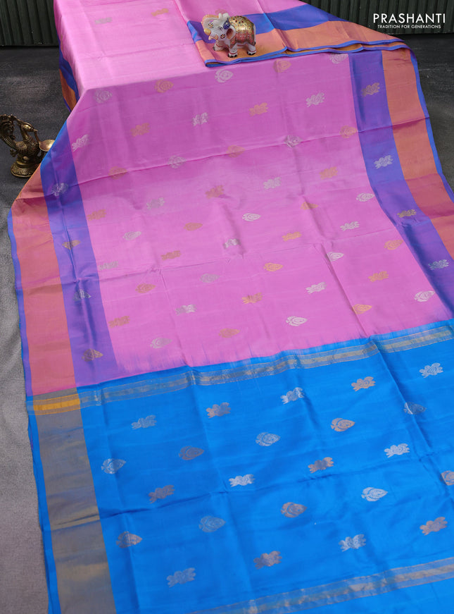Pure uppada silk saree light pink and cs blue with silver & gold zari woven buttas and zari woven border