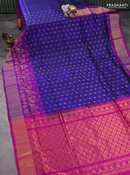 Pure uppada silk saree dual shade of blue and pink with zari woven buttas and long rich zari woven border