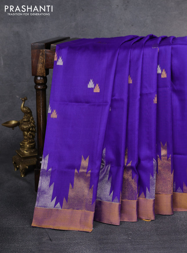 Pure uppada silk saree blue with silver & gold temple zari buttas and temple design zari woven border