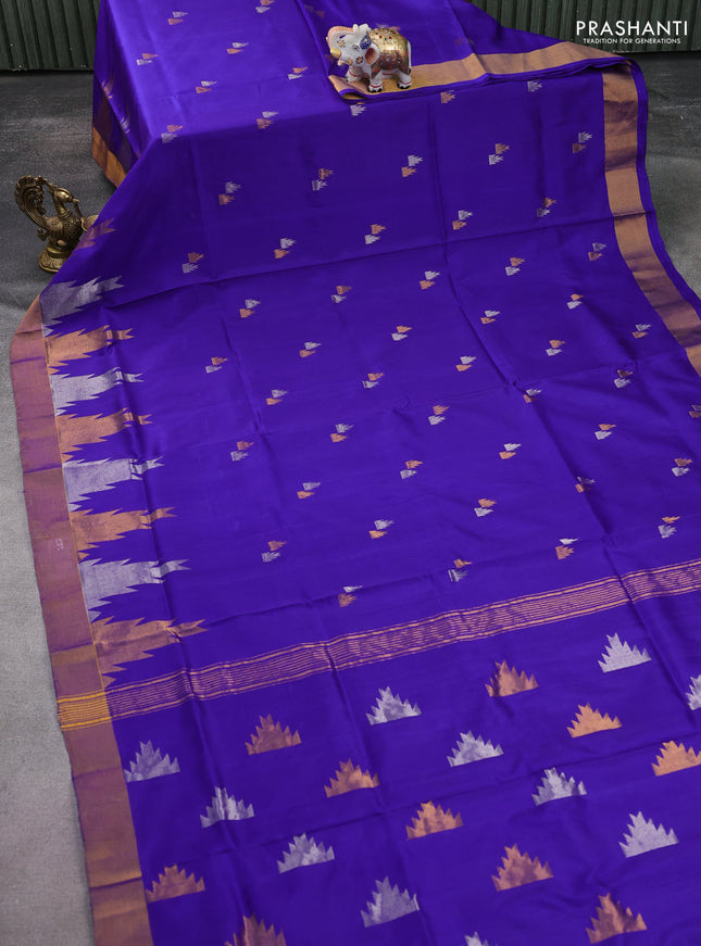 Pure uppada silk saree blue with silver & gold temple zari buttas and temple design zari woven border