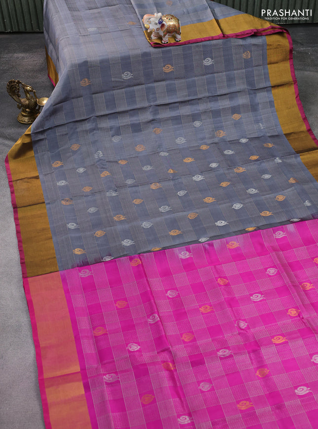 Pure uppada silk saree grey and magenta pink with allover zari weaves and zari woven border