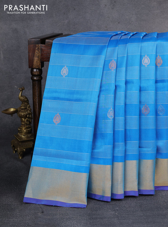 Pure uppada silk saree cs blue and blue with allover zari weaves and zari woven border