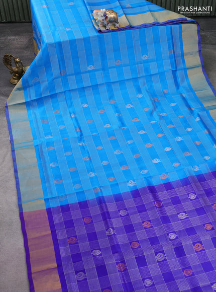 Pure uppada silk saree cs blue and blue with allover zari weaves and zari woven border