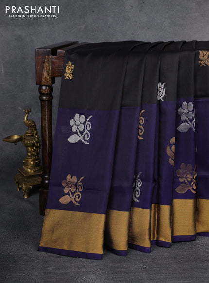 Pure uppada silk saree black and navy blue with silver & gold zari woven buttas and zari woven border
