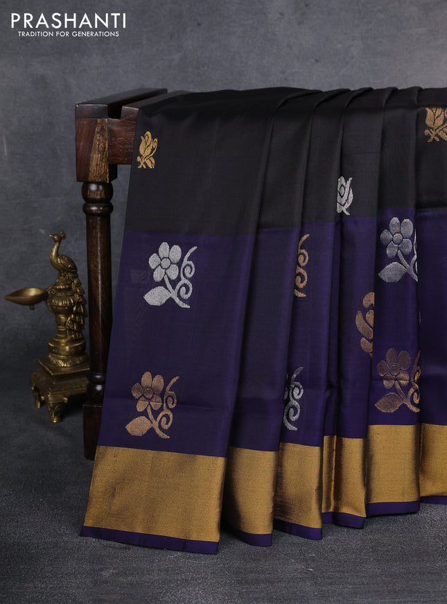 Pure uppada silk saree black and navy blue with silver & gold zari woven buttas and zari woven border