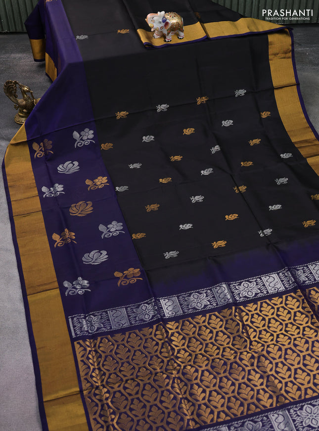 Pure uppada silk saree black and navy blue with silver & gold zari woven buttas and zari woven border