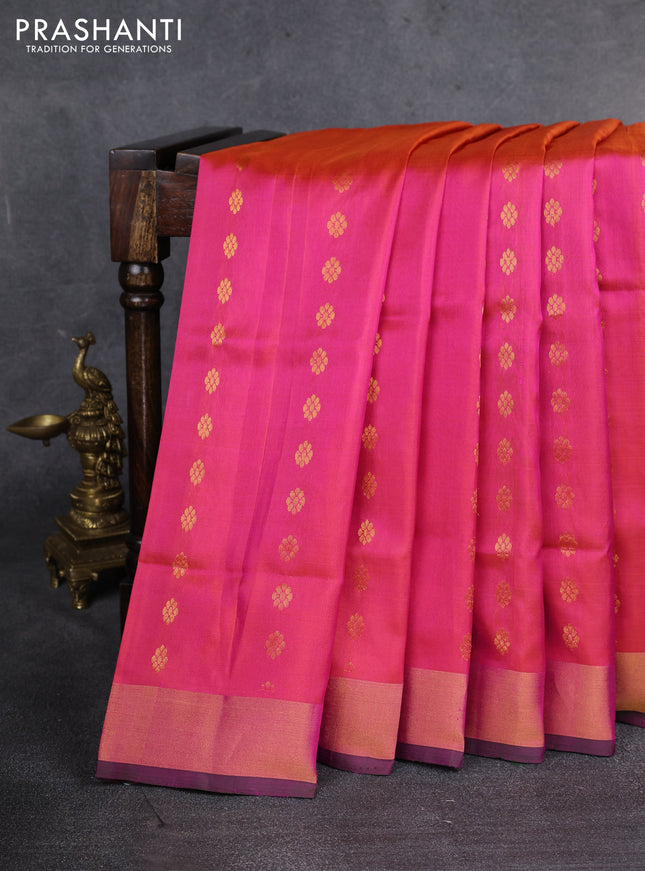 Pure uppada silk saree dual shade of pinkish orange and green with allover zari woven buttas and zari woven border