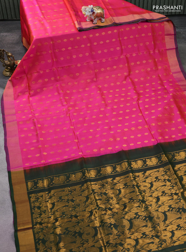 Pure uppada silk saree dual shade of pinkish orange and green with allover zari woven buttas and zari woven border