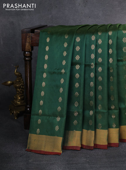 Pure uppada silk saree sap green and maroon with silver zari woven floral buttas and zari woven border