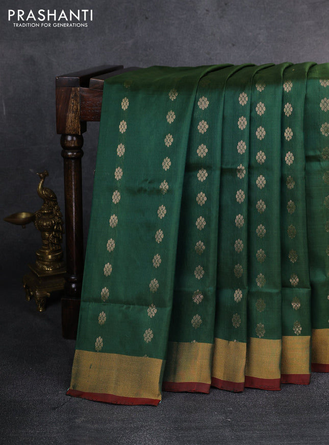 Pure uppada silk saree sap green and maroon with silver zari woven floral buttas and zari woven border