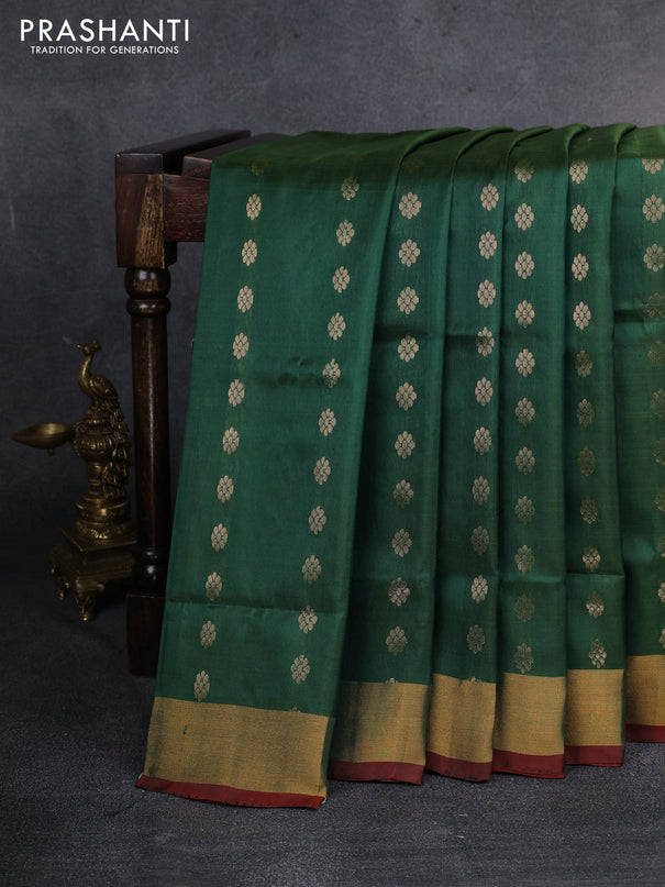 Pure uppada silk saree sap green and maroon with silver zari woven floral buttas and zari woven border
