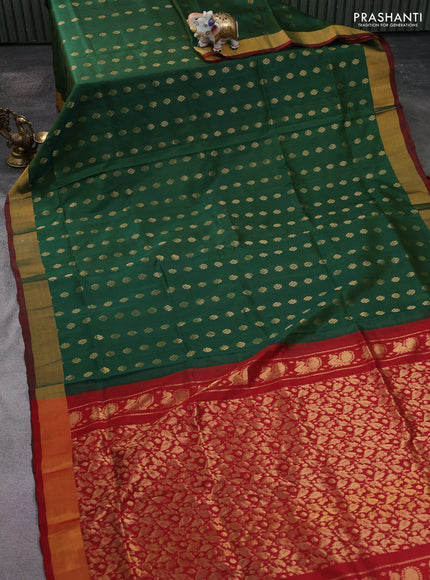 Pure uppada silk saree sap green and maroon with silver zari woven floral buttas and zari woven border