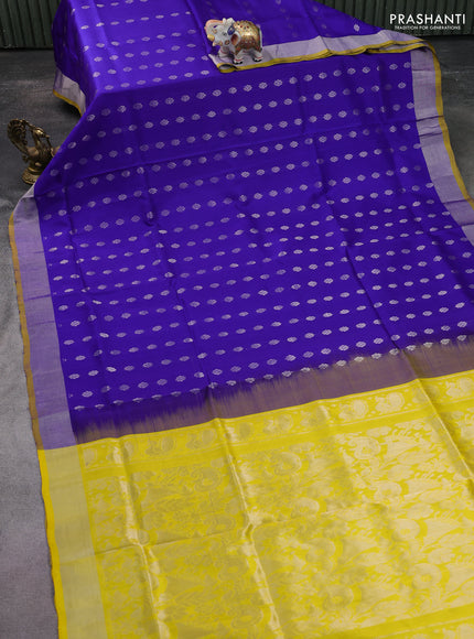 Pure uppada silk saree blue and yellow with silver zari woven floral buttas and silver zari woven border