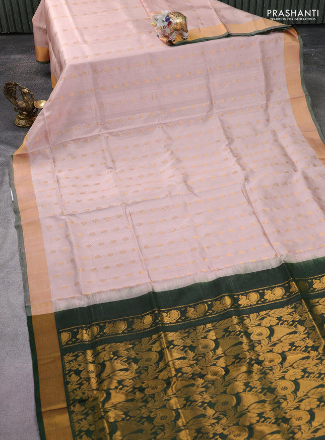 Pure uppada silk saree pastel peach and sap green with allover zari woven butta weaves and zari woven border