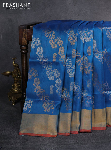 Pure uppada silk saree cs blue and dual shade of pinkish orange with silver & gold zari weaves and zari woven border