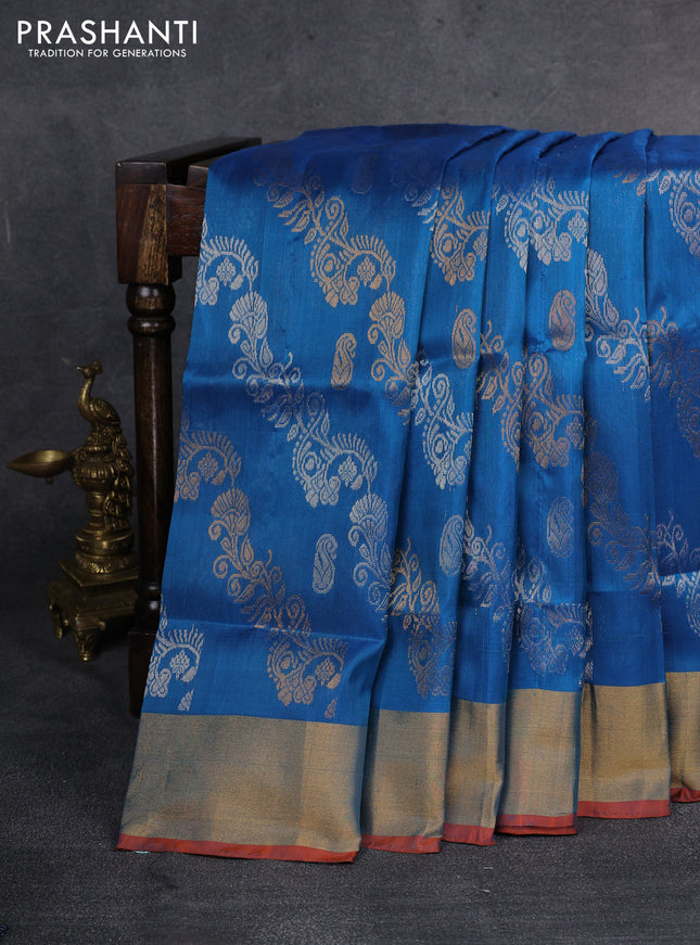 Pure uppada silk saree cs blue and dual shade of pinkish orange with silver & gold zari weaves and zari woven border