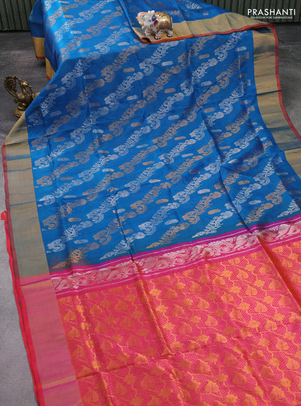 Pure uppada silk saree cs blue and dual shade of pinkish orange with silver & gold zari weaves and zari woven border