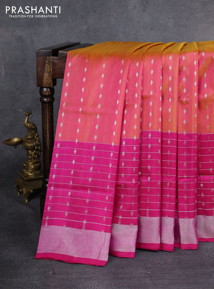 Pure uppada silk saree dual shade of yellowish pink and pink with allover silver zari woven butta weaves and long zari woven border