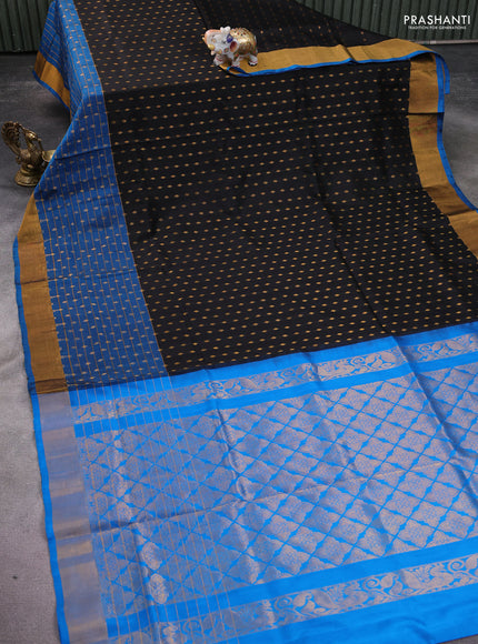 Pure uppada silk saree black and cs blue with allover zari woven butta weaves and long zari woven border