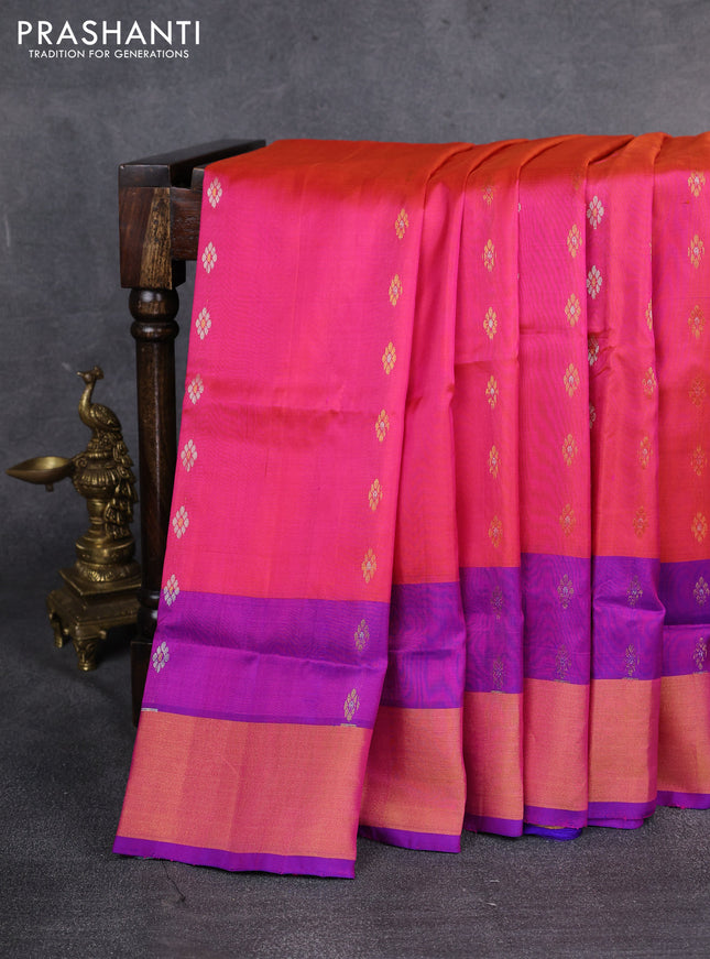Pure uppada silk saree dual shade of pinkish orange and purple with silver & gold zari butta weaves and zari woven border