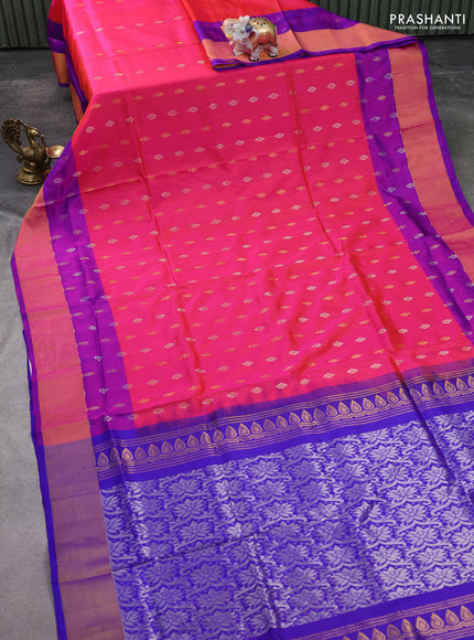 Pure uppada silk saree dual shade of pinkish orange and purple with silver & gold zari butta weaves and zari woven border
