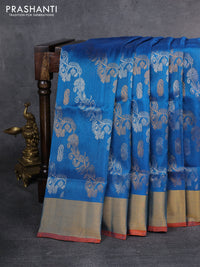 Pure uppada silk saree cs blue and dual shade of pinkish orange with silver & gold zari weaves and zari woven border