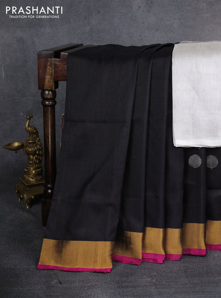 Pure uppada silk saree black and magenta pink with zari woven coin buttas in borderless style