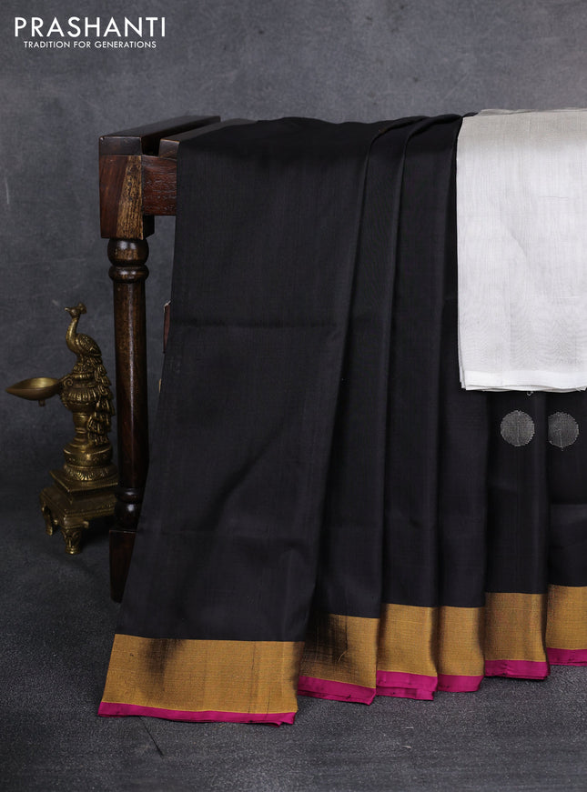 Pure uppada silk saree black and magenta pink with zari woven coin buttas in borderless style