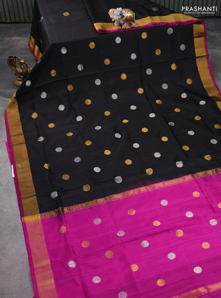 Pure uppada silk saree black and magenta pink with zari woven coin buttas in borderless style
