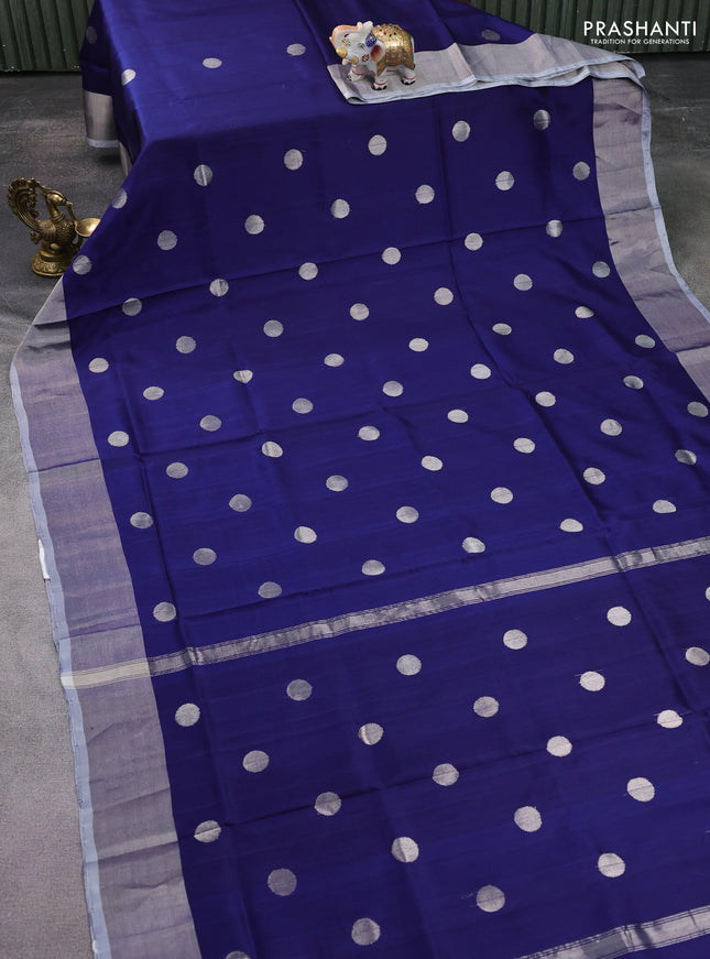 Pure uppada silk saree blue with silver zari woven coin buttas and silver zari woven border