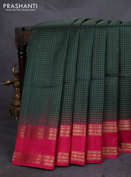 Pure soft silk saree bottle green and pink with allover zari woven small checked pattern and rettapet zari woven border