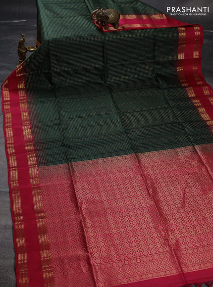 Pure soft silk saree bottle green and pink with allover zari woven small checked pattern and rettapet zari woven border